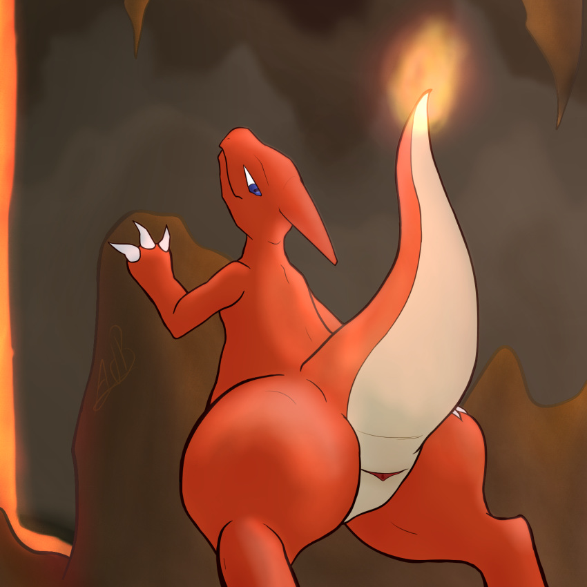 ambiguous_gender animal_genitalia atendedordeboludos blue_eyes butt charmeleon cloaca detailed_background feral hi_res horizontal_cloaca looking_at_viewer looking_back nintendo pok&eacute;mon pok&eacute;mon_(species) presenting presenting_hindquarters raised_tail rear_view scalie semi-anthro solo video_games