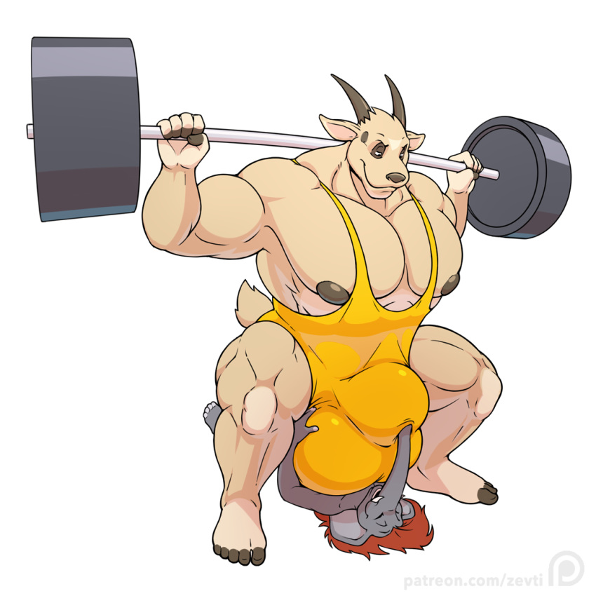 anthro avoid_posting balls big_(disambiguation) big_balls big_penis black_nipples black_nose brittany bulge butt caprine clothing elephant exercise goat horn huge_balls hyper hyper_balls hyper_penis male mammal muscular muscular_male nipples penis weightlifting weights workout wrestling_singlet xoury zevtibull