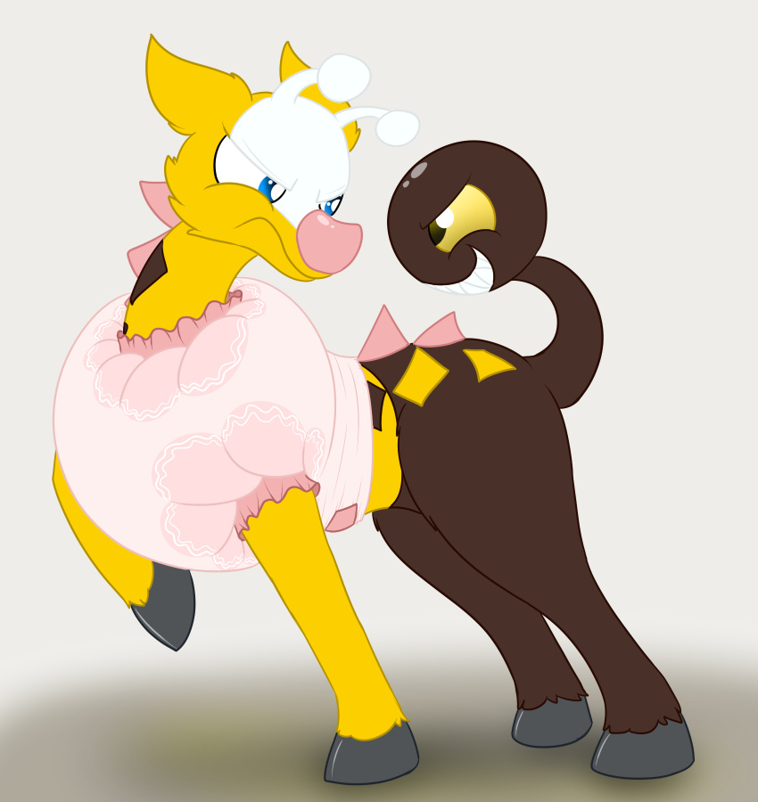 ambiguous_gender clothing diaper feral girafarig humor nintendo plinkie_poi pok&eacute;mon pok&eacute;mon_(species) pushmi-pullyu shadow simple_background video_games wardrobe_malfunction white_background