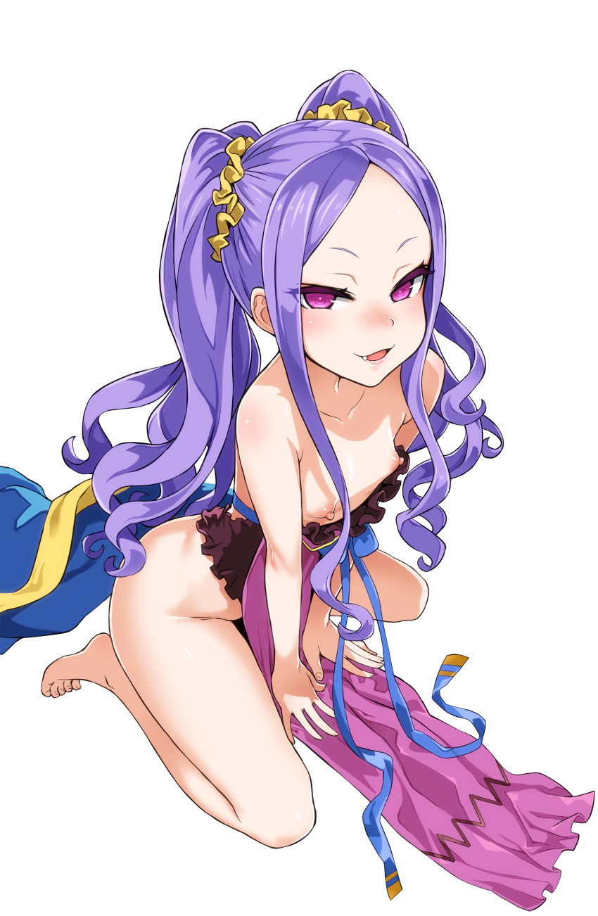 absurdres asanagi bangs bare_arms bare_chest bare_legs bare_shoulders barefoot chinese_clothes enty_reward fang fate/grand_order fate_(series) flat_chest forehead hair_ornament hair_scrunchie hanfu highres long_hair looking_at_viewer nipples paid_reward parted_bangs pelvic_curtain purple_eyes purple_hair scrunchie shawl smile solo squatting tied_hair twintails very_long_hair wu_zetian_(fate/grand_order) yellow_scrunchie