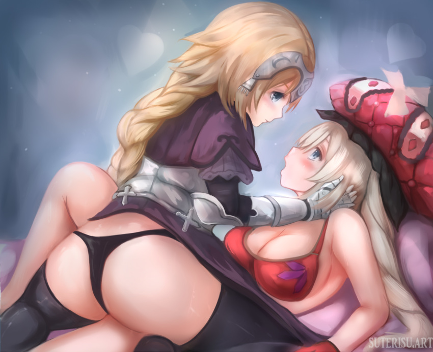 alternate_breast_size artist_name ass black_legwear black_panties blonde_hair blue_eyes blush bra braid breasts cleavage commentary_request english_commentary face-to-face fate/grand_order fate_(series) gauntlets gloves hat headpiece heart highres jeanne_d'arc_(fate) jeanne_d'arc_(fate)_(all) large_breasts long_braid long_hair looking_at_another marie_antoinette_(fate/grand_order) multiple_girls open_mouth panties profile red_bra red_gloves red_hat single_braid suterisu thighhighs twintails underwear white_hair yuri