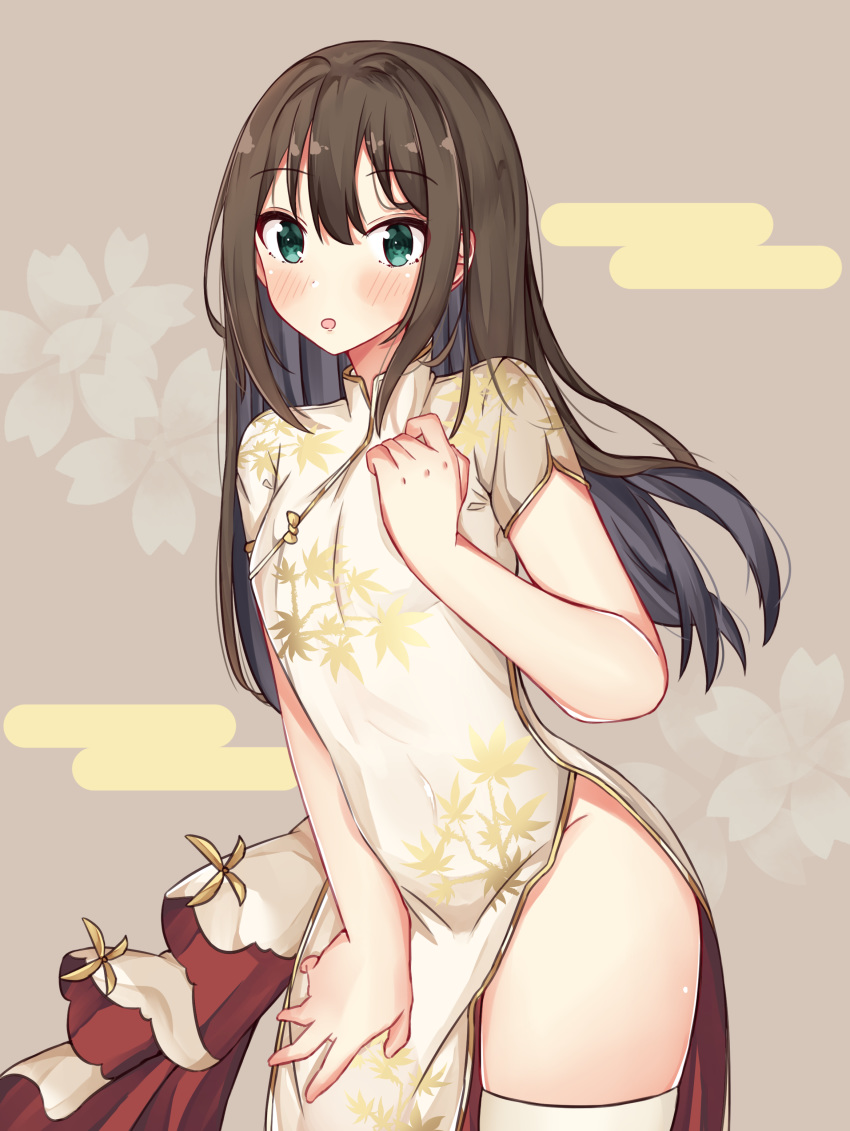 :o absurdres bangs black_hair blush breasts brown_background brown_hair china_dress chinese_clothes commentary_request covered_navel dress egasumi eyebrows_visible_through_hair green_eyes groin hair_between_eyes hand_up highres idolmaster idolmaster_cinderella_girls idolmaster_cinderella_girls_starlight_stage leaning_forward long_hair looking_at_viewer multicolored_hair norazura parted_lips pelvic_curtain shibuya_rin short_sleeves small_breasts solo thighhighs two-tone_hair very_long_hair white_dress white_legwear