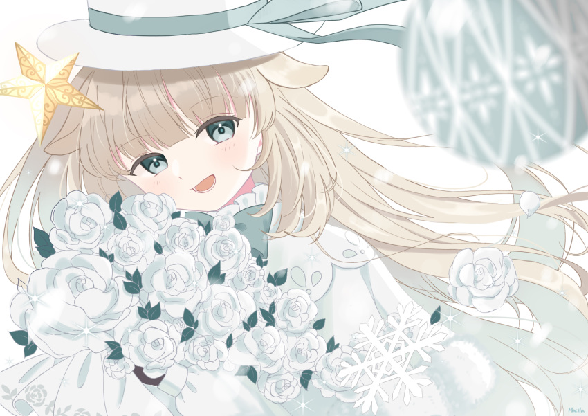 .live 1girl animal_ears blonde_hair blue_eyes blue_ribbon bouquet capelet christmas_ornaments commentary_request floral_print flower hat highres hime_cut holding holding_bouquet light_blush looking_at_viewer macila_b6d1e1 merry_milk open_mouth ribbon rose rose_print sidelocks smile snowball snowflakes star_(symbol) virtual_youtuber white_background white_capelet white_flower white_hat white_rose
