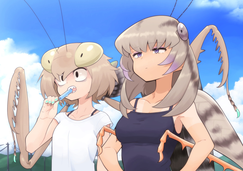 alternate_color antennae arm_at_side bangs black_eyes black_tank_top blue_sky breasts brown_hair bug day eating evolvingmonkey eyebrows_visible_through_hair food grasshopper grasshopper_inoue hands_on_hips highres holding holding_food insect insect_girl insect_wings mantis_akiyama medium_breasts medium_hair multiple_girls original outdoors popsicle praying_mantis purple_eyes purple_eyeshadow sharp_teeth shirt short_sleeves side-by-side sky t-shirt tan tank_top tanline teeth telephone_pole twintails white_shirt wings