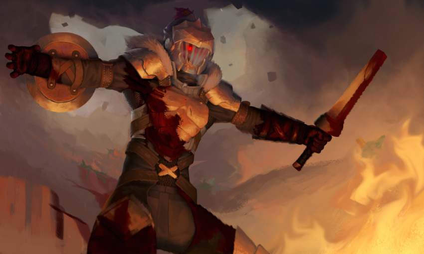 armor blood bloody_clothes buckler dual_wielding fire flame full_armor fur_collar fur_trim gauntlets gloves glowing glowing_eye goblin_slayer goblin_slayer! helmet highres holding holding_sword holding_weapon knight outstretched_arms plume red_eyes shield shoulder_armor simple_background solo spread_arms standing sword tankhead weapon