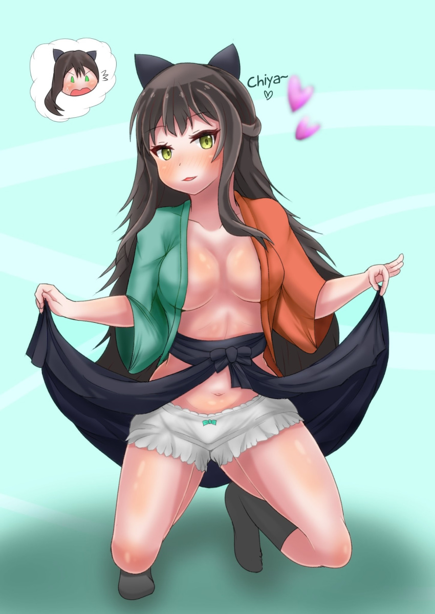 1girl :3 bangs black_bow bloomers blush bow bow_bloomers breasts brown_hair collarbone fang full_body hair_bow half_updo hard_translated heart japanese_clothes kimono long_hair long_sleeves medium_breasts messy_hair multicolored multicolored_clothes multicolored_kimono navel open_clothes open_kimono open_mouth possessed possession sidelocks skirt skirt_lift socks solo spread_legs squatting stomach sura_sura sweatdrop tatsumi_kon thighs thought_bubble topless underwear undressing urara_meirochou white_bloomers wide_sleeves yellow_eyes yuri