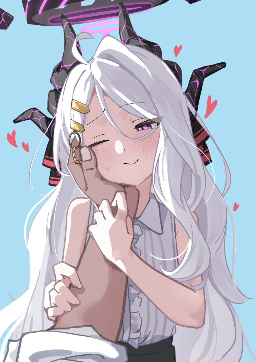1girl absurdres ahoge black_halo black_horns blue_archive commentary_request demon_girl demon_horns eella hair_between_eyes hair_ornament hairclip halo hand_on_another's_cheek hand_on_another's_face heart highres hina_(blue_archive) horns long_hair looking_at_viewer multiple_horns one_eye_closed purple_eyes purple_halo shirt sleeveless sleeveless_shirt smile solo solo_focus very_long_hair white_hair white_shirt