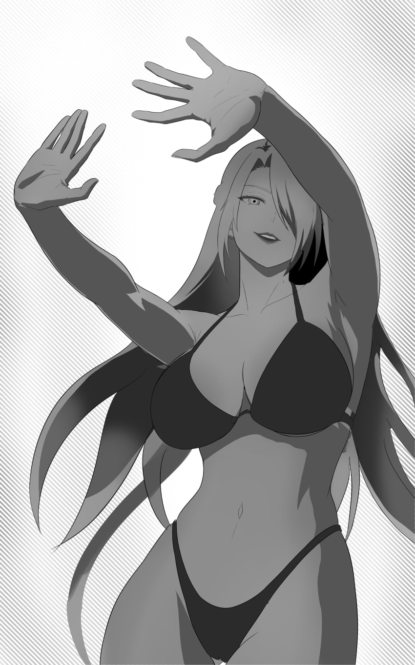 1girl \||/ absurdres arms_up artist_request azuma_fubuki bikini braid breasts commentary_request cowboy_shot crown_braid curtained_hair double_\||/ floating_hair full_cleavage greyscale hair_over_one_eye halterneck hand_shadow_covering_breasts_(meme) highres large_breasts lipstick long_hair makeup mato_seihei_no_slave mature_female meme monochrome navel one_eye_covered open_hands outstretched_arms parted_lips shadow simple_background smile solo spread_fingers swimsuit upper_body very_long_hair white_background