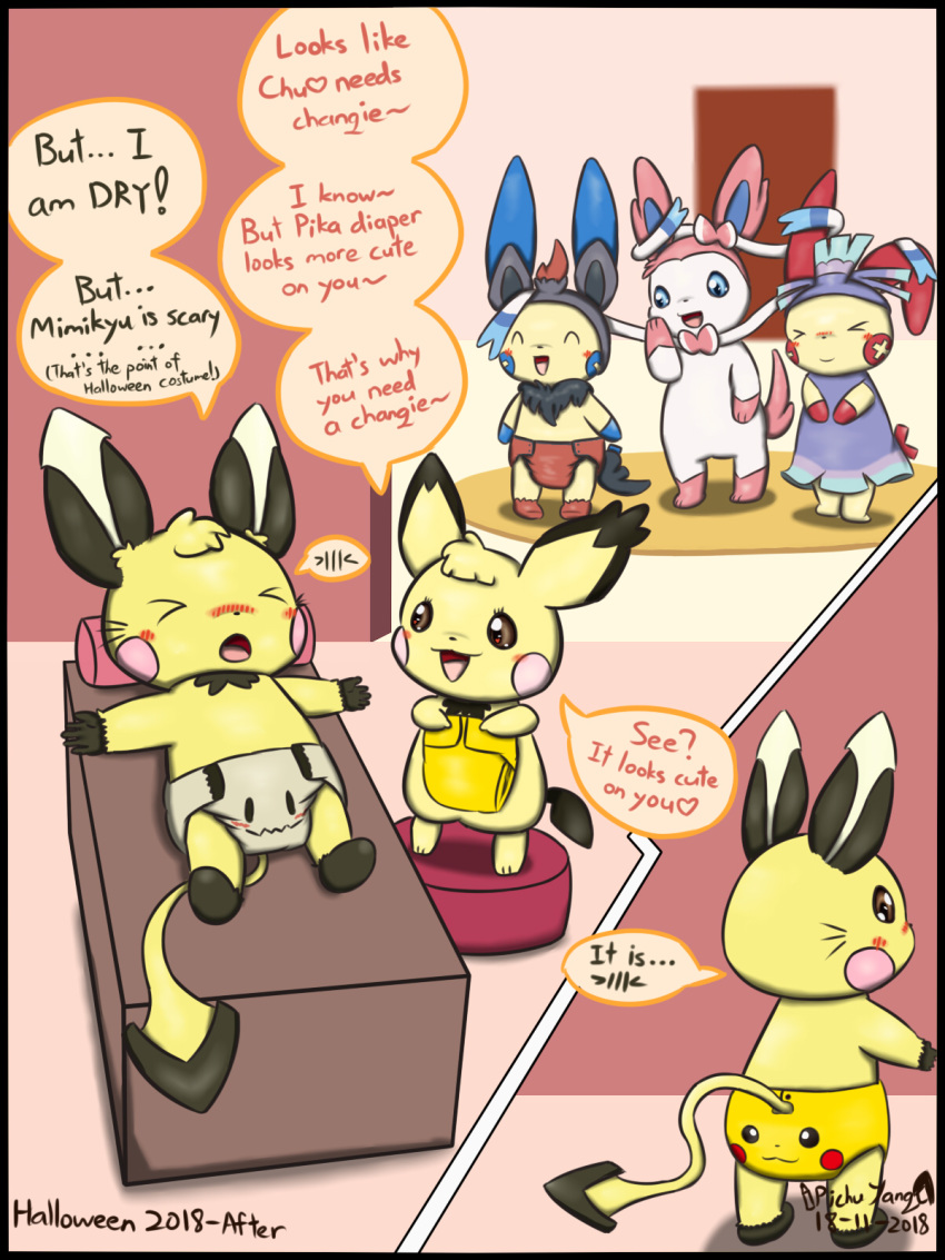 blush chuchu_yang cloth_diaper costume cub diaper diaper_change eeveelution hi_res mimikyu minun nintendo pichu pichuyang plusle pok&eacute;mon pok&eacute;mon_(species) sylveon video_games young