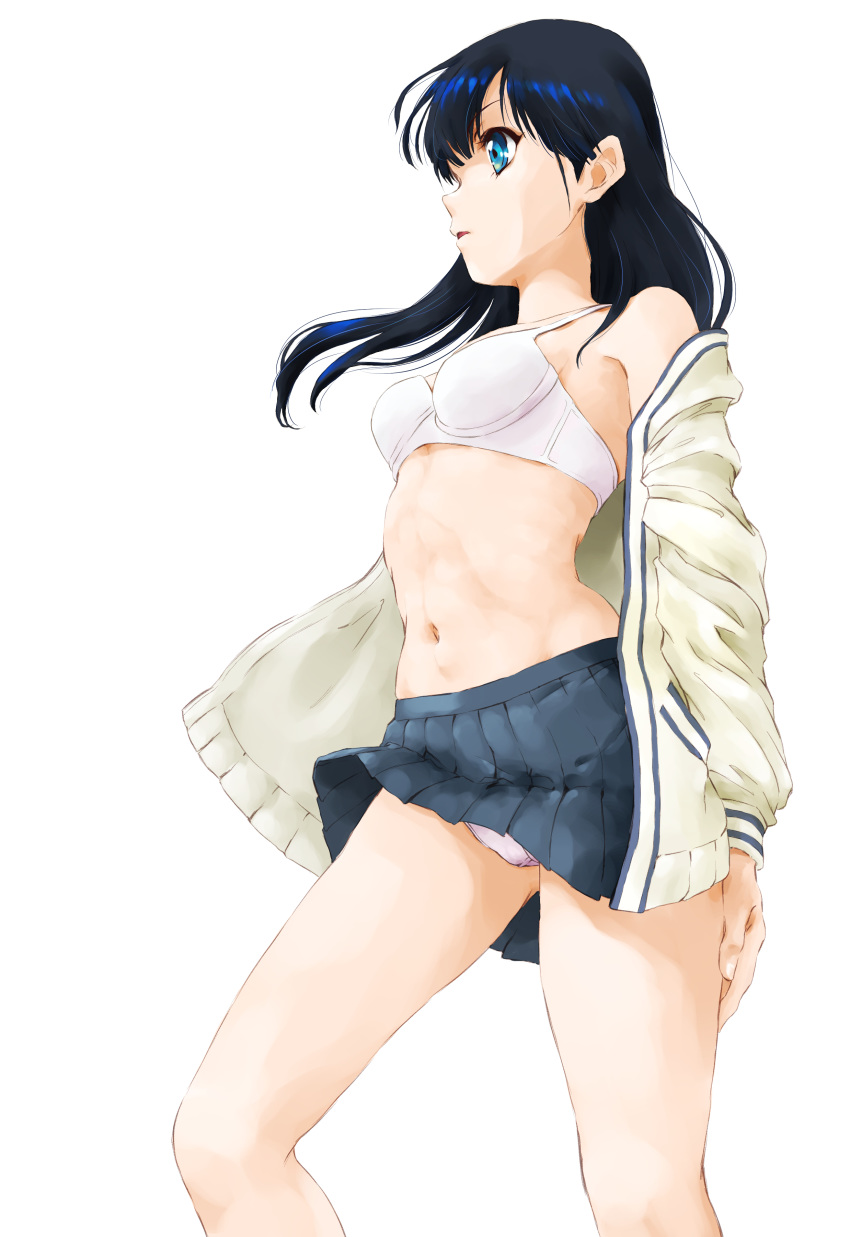 absurdres ass_visible_through_thighs bangs black_hair black_skirt blue_eyes bra breasts cardigan commentary cowboy_shot crotch_seam frown hand_on_own_leg highres long_hair long_sleeves marutaya navel off_shoulder open_cardigan open_clothes panties pantyshot pantyshot_(standing) parted_lips pleated_skirt simple_background skirt small_breasts solo ssss.gridman standing sweater takarada_rikka underwear undressing white_background white_bra white_panties white_sweater wind wind_lift