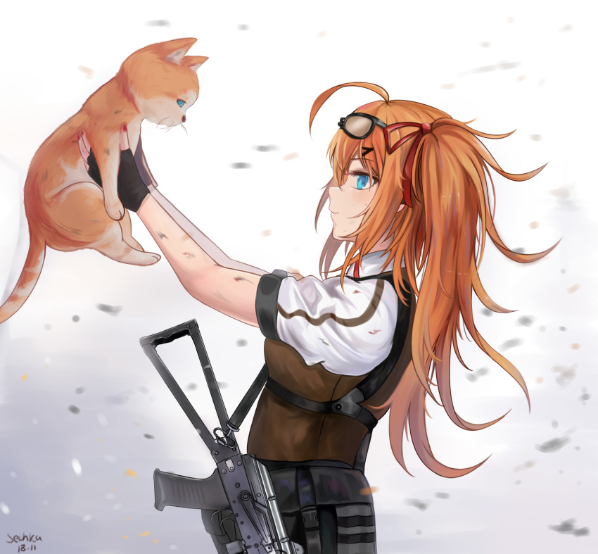 ahoge aks-74u alternate_costume assault_rifle blonde_hair blue_eyes blush cat commentary_request dated dirty eyebrows_visible_through_hair eyewear_on_head from_side girls_frontline gloves gun hair_between_eyes hair_ornament hair_ribbon highres holding holding_cat injury kalina_(girls_frontline) load_bearing_equipment long_hair looking_at_animal red_ribbon ribbon rifle sechka shirt side_ponytail signature smile sunglasses vest weapon