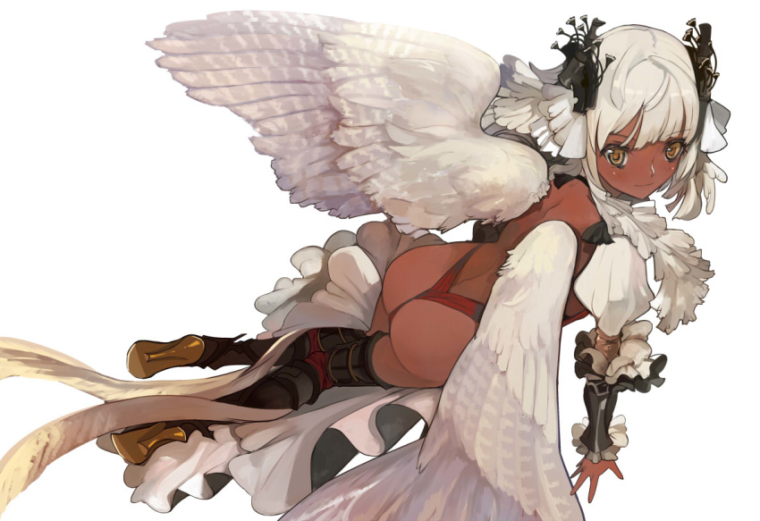 angel_wings ass commentary_request dark_skin from_behind high_heels looking_at_viewer midair original pupps short_hair simple_background smile solo white_background white_hair wings yellow_eyes