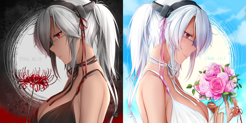 alternate_costume bangs bare_shoulders black_bow black_dress black_ribbon blue_background blush bouquet bow breasts bridal_veil cleavage closed_mouth commentary dark_skin dated dress flower from_side glasses hair_between_eyes hair_bow headgear highres holding holding_flower kantai_collection large_breasts lips lipstick long_hair looking_at_viewer makeup multiple_views musashi_(kantai_collection) neck_ribbon pink_lipstick red_eyes ribbon sidelocks silver-framed_eyewear simple_background smile spider_lily tsurime two_side_up upper_body veil very_long_hair wedding_dress white_dress white_hair yunamaro