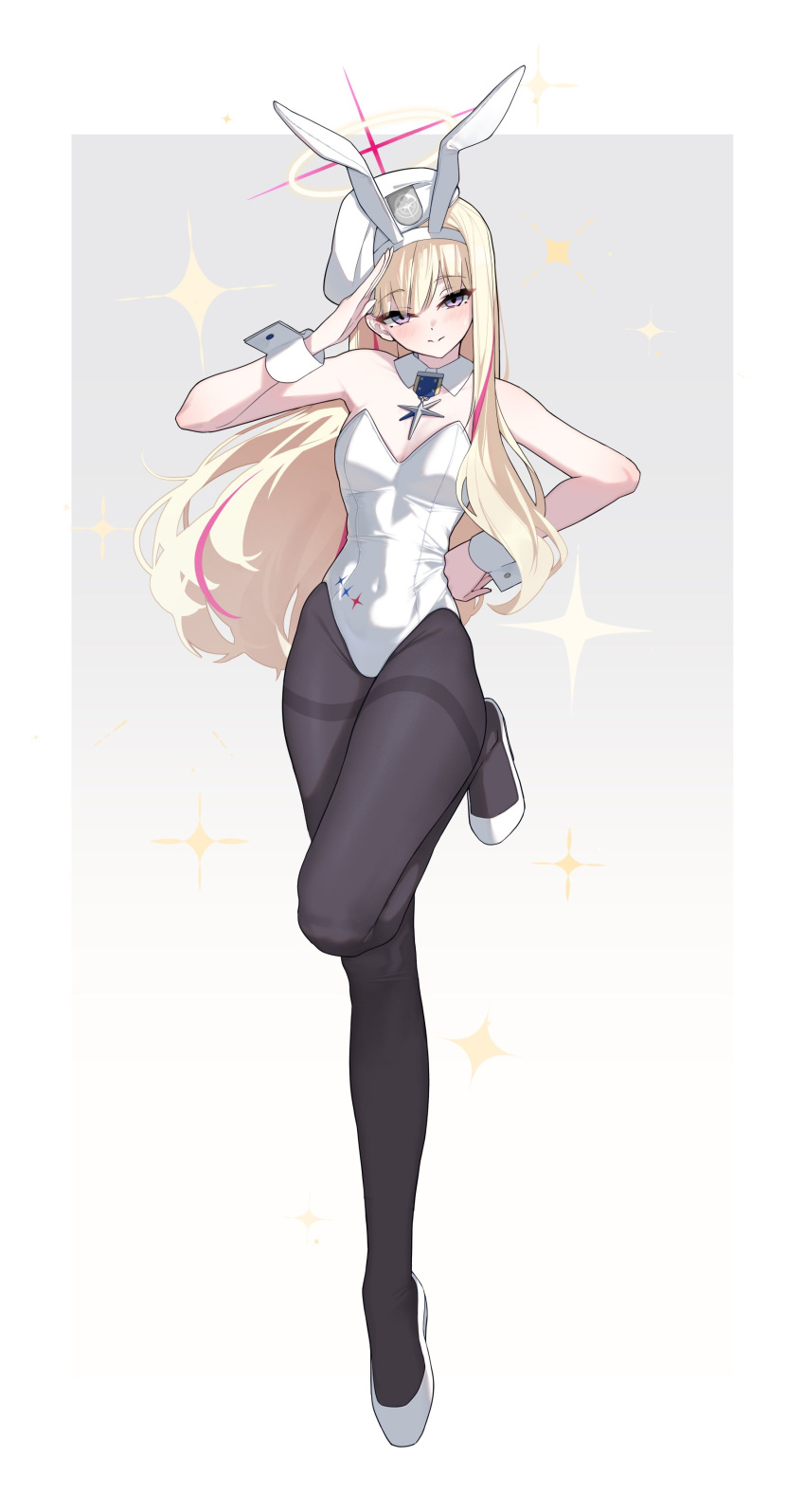 1girl absurdres animal_ear_hairband animal_ears arume_ad bare_shoulders beret black_pantyhose blonde_hair blonde_student_council_president_(blue_archive) blue_archive blush breasts cleavage collar commentary covered_navel detached_collar fake_animal_ears full_body gradient_background hairband halo hand_on_own_hip hat highleg highleg_leotard highres leg_up leotard long_hair looking_at_viewer medal multicolored_hair multicolored_halo pantyhose pink_streaks playboy_bunny purple_eyes rabbit_ear_hairband rabbit_ears red_halo salute shoes small_breasts smile solo sparkle sparkling_aura standing standing_on_one_leg strapless strapless_leotard streaked_hair tiptoes two-tone_halo untranslatable_commentary white_collar white_hat white_leotard white_shoes white_wrist_cuffs wrist_cuffs yellow_halo
