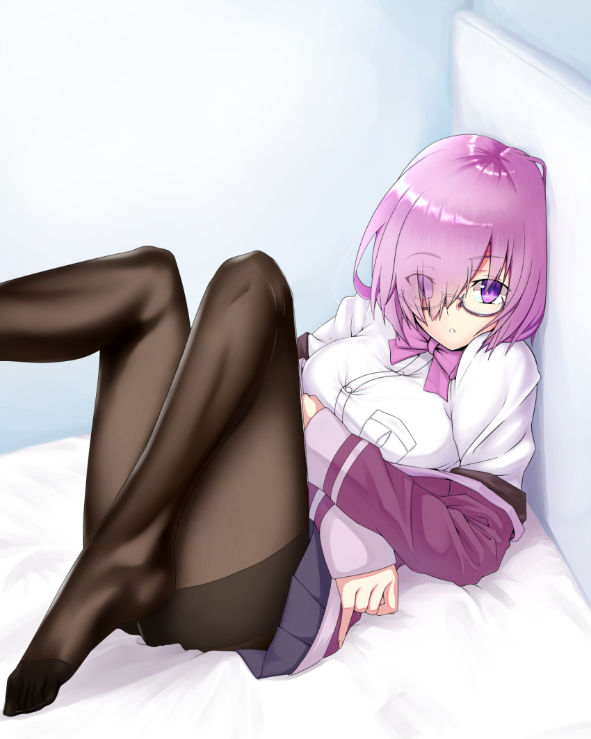 black_legwear breast_pocket breasts carmine_(ucdio) collared_shirt cosplay eyebrows_visible_through_hair eyes_visible_through_hair fate/grand_order fate_(series) glasses hair_over_one_eye highres jacket large_breasts look-alike looking_at_viewer mash_kyrielight on_bed pantyhose pleated_skirt pocket purple-framed_eyewear purple_eyes purple_hair purple_jacket purple_skirt semi-rimless_eyewear shinjou_akane shinjou_akane_(cosplay) shirt short_hair skirt solo ssss.gridman white_shirt