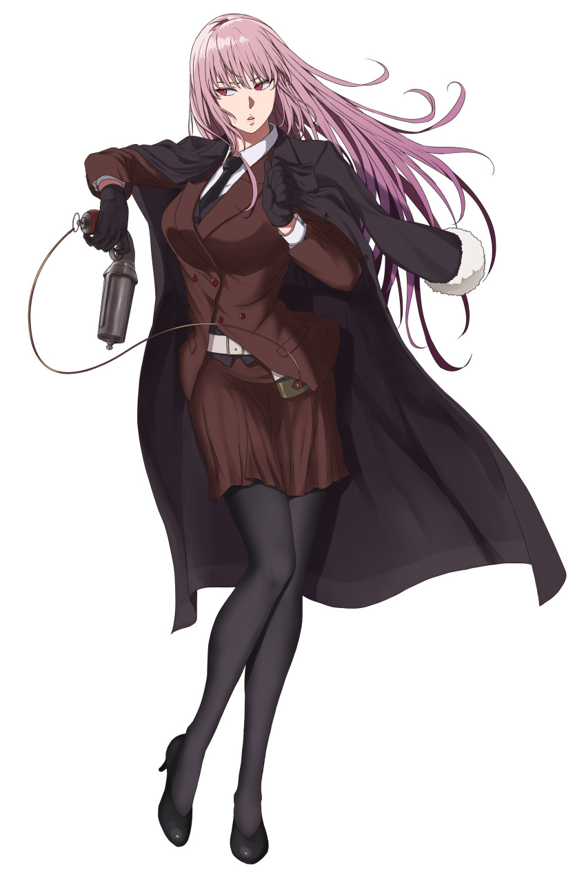 absurdres bangs belt black_cape black_footwear black_gloves black_legwear black_neckwear brown_jacket brown_skirt cape eyebrows_visible_through_hair fate/grand_order fate_(series) floating_hair florence_nightingale_(fate/grand_order) full_body gloves gun high_heels highres holding holding_gun holding_weapon jacket long_hair looking_to_the_side miniskirt necktie pantyhose pink_hair pumps red_eyes shirt simple_background skirt solo sosona standing very_long_hair weapon white_background white_shirt
