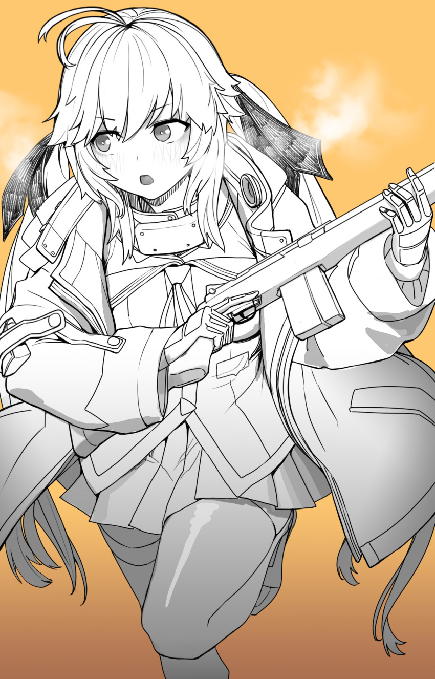 antenna_hair baggy_clothes bangs battle_rifle blazer blush breath cain_(gunnermul) coat eyebrows_visible_through_hair eyes_visible_through_hair girls_frontline gloves gorget gradient gradient_background gun hair_between_eyes highres jacket knee_up long_hair looking_to_the_side m14 m14_(girls_frontline) magazine_(weapon) mod3_(girls_frontline) monochrome open_mouth orange_background rifle sidelocks skirt solo spot_color thighhighs trigger_discipline twintails very_long_hair weapon