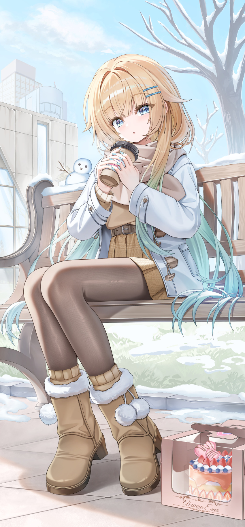 1girl absurdres aizawa_ema aqua_hair bare_tree belt bench blonde_hair blue_eyes boots box breath brown_belt brown_pantyhose brown_scarf buckle cake character_name coffee cold commentary cup day dessert disposable_coffee_cup disposable_cup drink duffel_jacket enpera food fruit full_body fur-trimmed_boots fur_trim gradient_hair hair_flaps hair_ornament hairclip hairpin highres holding holding_cup jacket long_sleeves mini_snowman misoile multicolored_hair on_bench open_clothes open_jacket open_mouth outdoors pantyhose parallel_hairclips pleated_skirt pocket pom_pom_(clothes) scarf sitting skirt snow snow_on_tree snowman solo strawberry tree untranslatable_commentary virtual_youtuber vspo! white_jacket winter wooden_bench