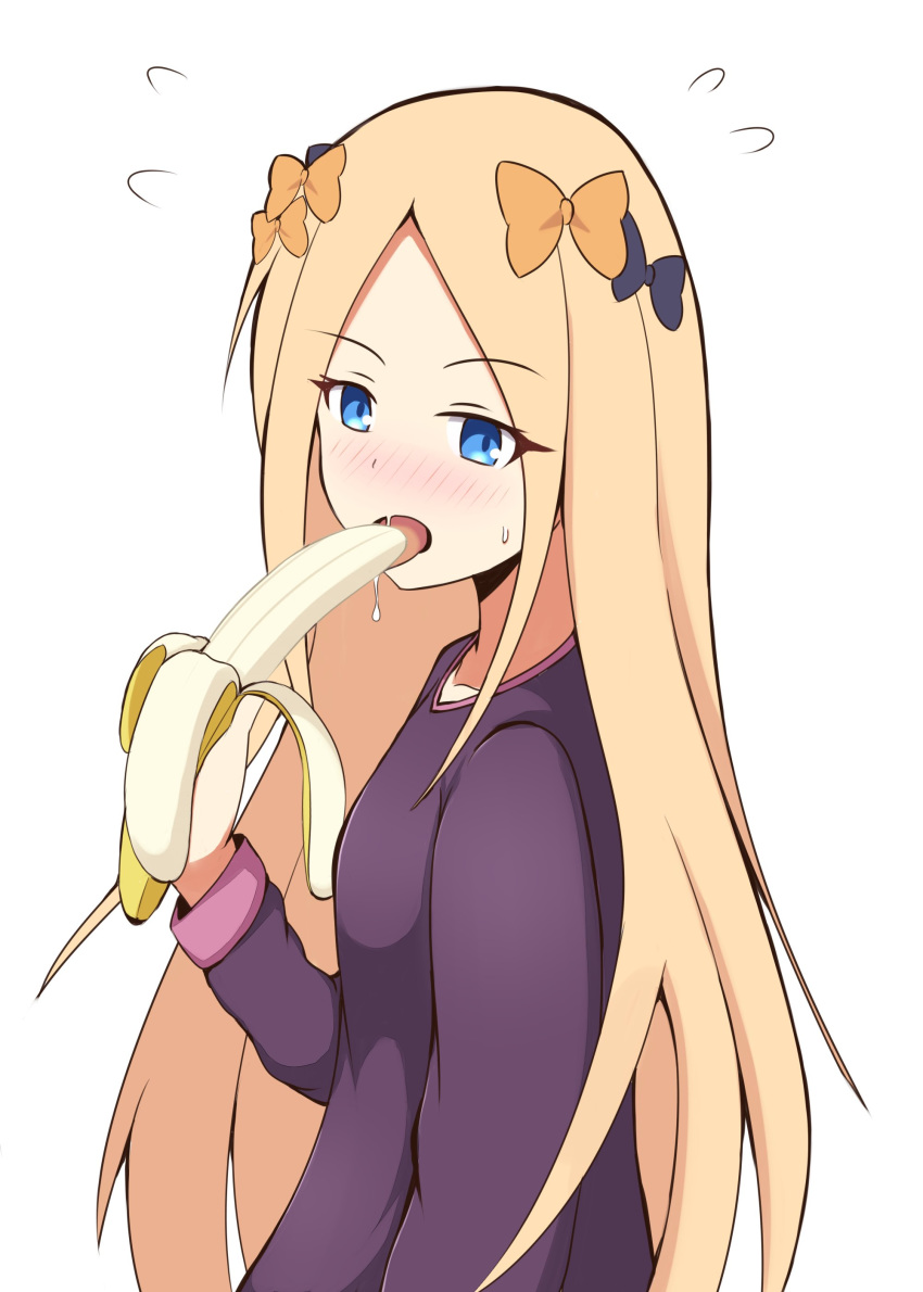 abigail_williams_(fate/grand_order) absurdres banana bangs black_bow blonde_hair blue_eyes blush bow commentary_request eyebrows_visible_through_hair fate/grand_order fate_(series) flying_sweatdrops food forehead fruit hair_bow highres holding holding_food long_hair long_sleeves looking_at_viewer mitchi nose_blush open_mouth orange_bow parted_bangs purple_shirt shirt simple_background solo sweat tongue tongue_out upper_body very_long_hair white_background