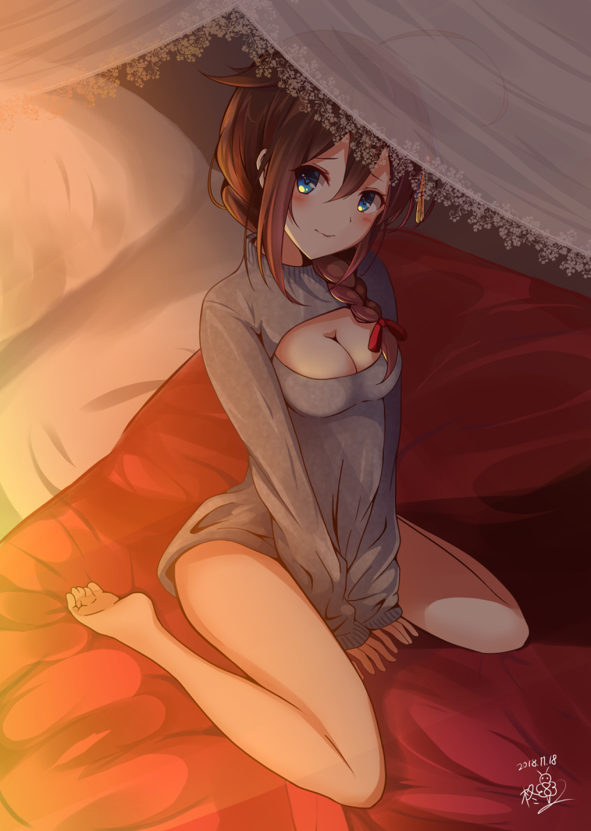 ahoge amagami_(makise_tsubaki) bed between_legs blue_eyes blush braid breasts brown_hair cleavage cleavage_cutout dated dress full_body hair_between_eyes hair_ornament hair_ribbon highres hips kantai_collection large_breasts long_hair long_sleeves looking_at_viewer pillow remodel_(kantai_collection) ribbon shigure_(kantai_collection) sidelocks signature single_braid sitting solo sweater sweater_dress transparent wariza