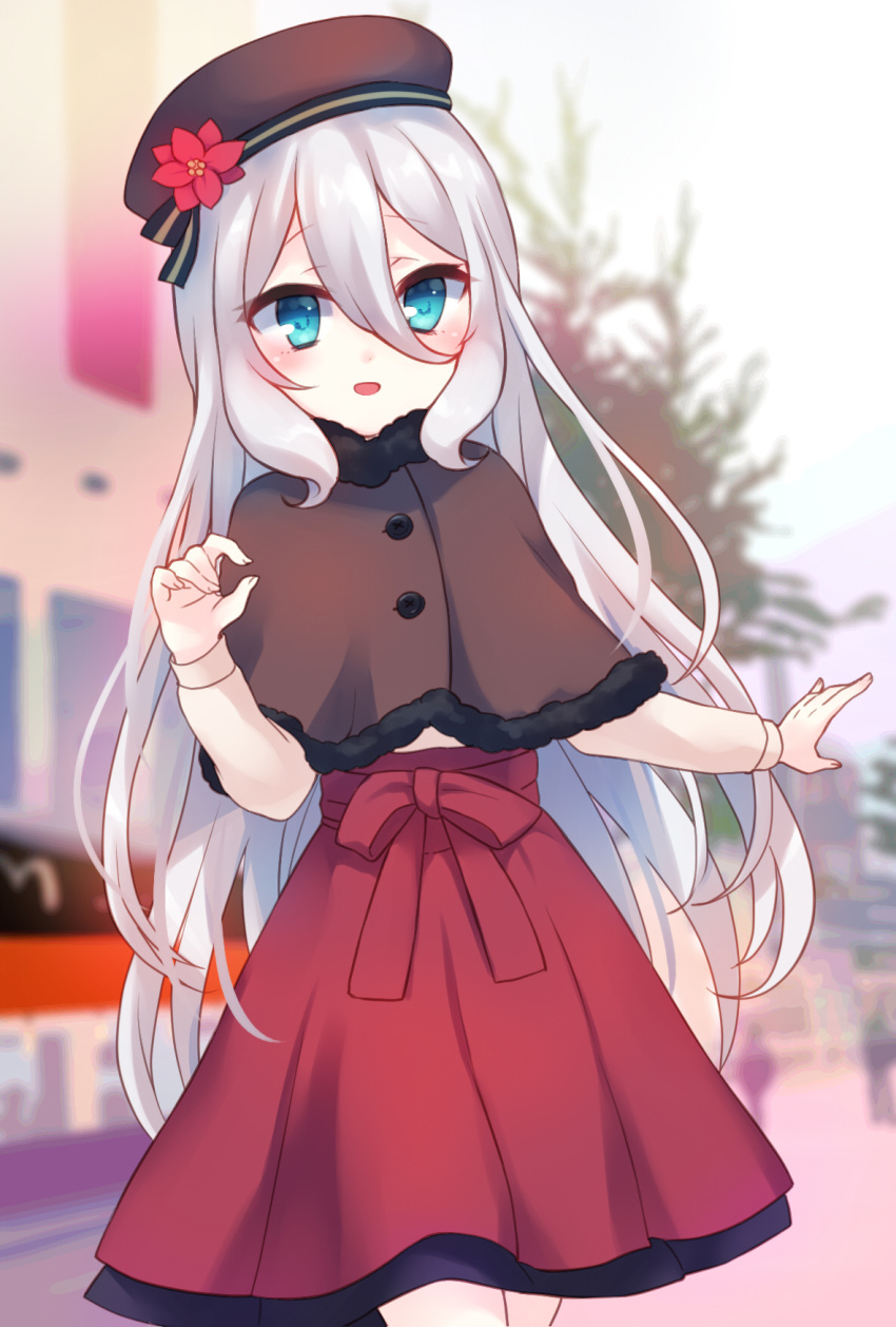 :d bangs beret blue_eyes blurry blurry_background blush brown_capelet brown_hat capelet commentary_request day depth_of_field eyebrows_visible_through_hair fingernails flower fur-trimmed_capelet fur_trim gucchiann hair_between_eyes hat hat_flower highres kokkoro_(princess_connect!) leaning_to_the_side long_hair long_sleeves open_mouth outdoors princess_connect! red_flower red_skirt skirt smile solo very_long_hair