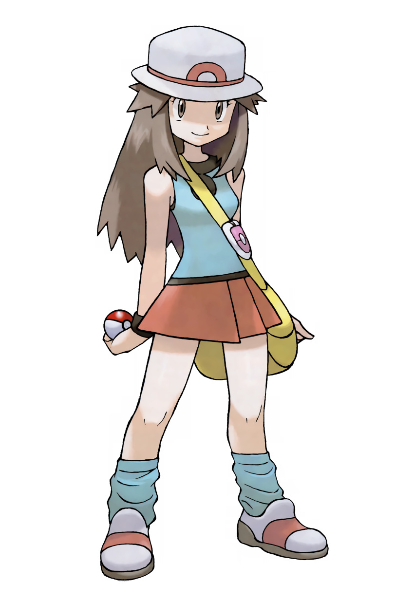 1girl absurdres artist_request bag bare_shoulders blue_(pokemon) blue_legwear blue_shirt breasts brown_eyes brown_hair closed_mouth creatures_(company) duffel_bag female full_body game_freak happy hat highres holding holding_poke_ball long_hair matching_hair/eyes miniskirt nintendo official_art pleated_skirt poke_ball poke_ball_(generic) pokemon pokemon_(game) pokemon_frlg red_footwear red_skirt shirt shoes simple_background skirt sleeveless sleeveless_shirt small_breasts smile socks solo standing white_background white_hat