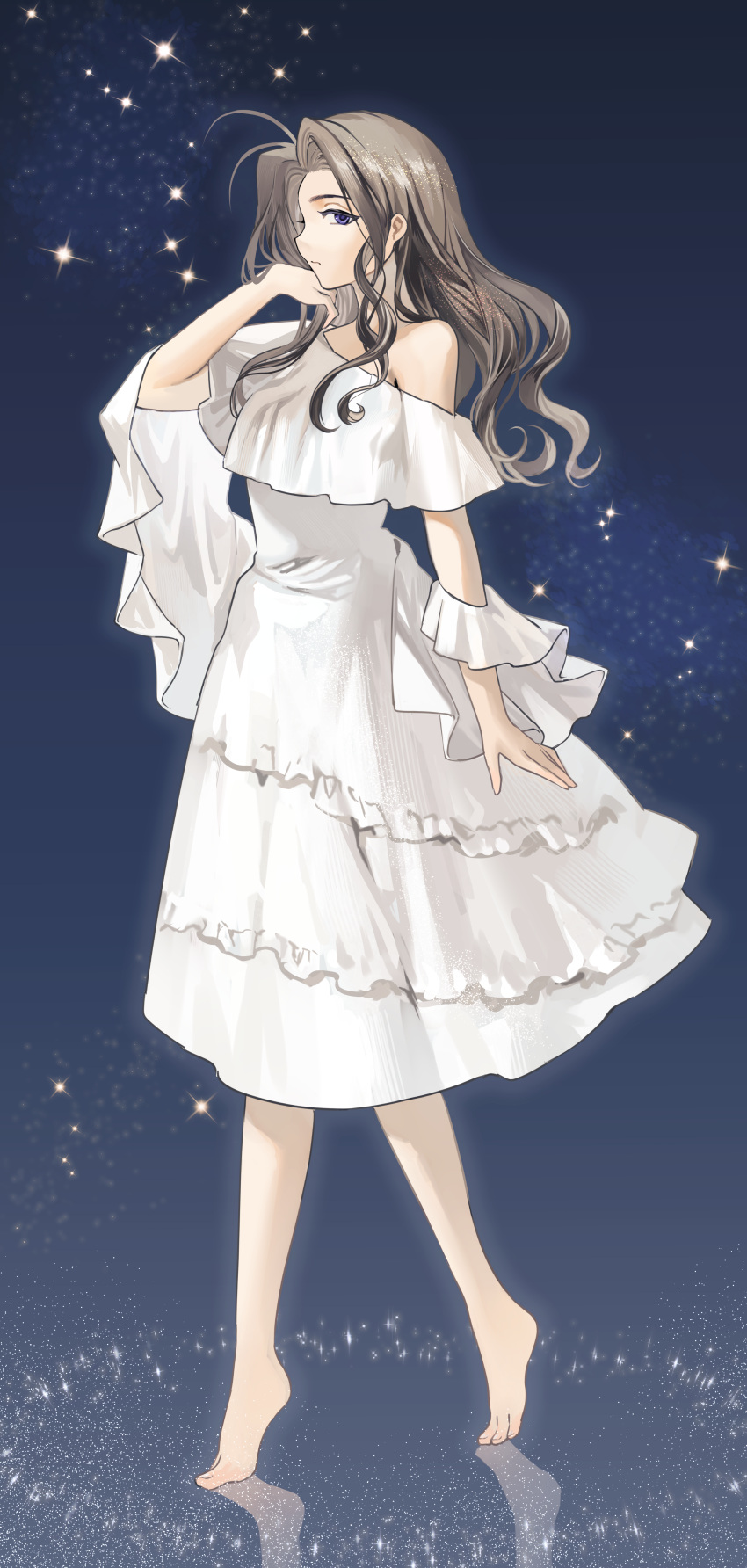 1girl absurdres antenna_hair arm_at_side asamitsu_(n_morninglight) barefoot brown_hair clip_studio_paint_(medium) closed_mouth commentary curly_sidelocks curtained_hair dress english_commentary expressionless feet forehead frilled_dress frills from_side full_body hand_in_own_hair hand_up highres layered_dress long_hair looking_at_viewer original profile purple_eyes reflective_floor sidelocks sideways_glance single_bare_shoulder single_off_shoulder solo star_(sky) starry_sky_background tiptoes toenails toes walking wavy_hair white_dress