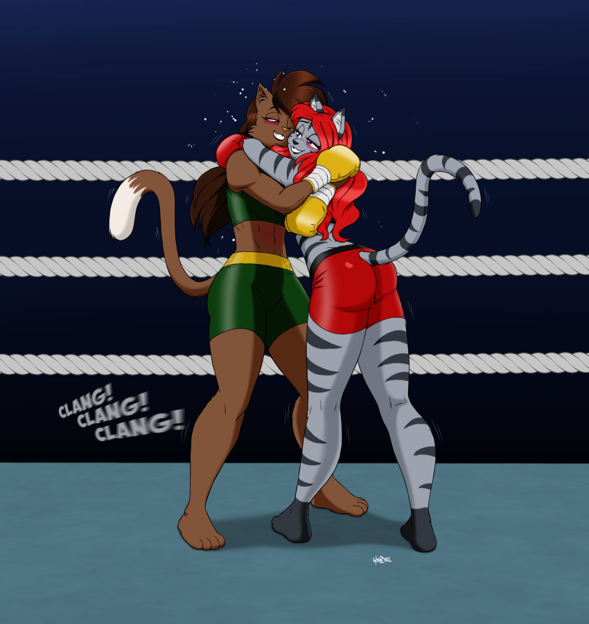2018 4_toes anthro black_eye blue_eyes boxing boxing_gloves bra brown_ears brown_eyes brown_fur brown_hair brown_tail bruised butt cat clothing deborah_bispo dipstick_tail eye_contact eyebrows eyelashes feline female female/female fighting_ring fur grey_ears grey_fur grey_tail hair half-closed_eyes hug inner_ear_fluff leaning long_hair mammal midriff motion_lines mouth_guard multicolored_tail one_eye_closed phoenix_rose red_hair shorts signature smile sound_effects sport sports_bra striped_tail stripes toes two_tone_tail underwear wendel_fragoso white_tail