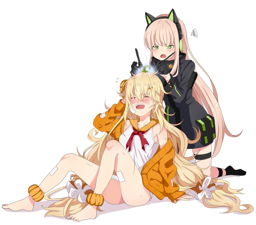 alternate_costume animal_ears ankle_scrunchie bangs bare_legs black_jacket black_legwear blonde_hair blush cat_ear_headphones cat_ears closed_eyes commentary_request girls_frontline gloves green_eyes hair_between_eyes hair_ornament hayarob headphones highres jacket laughing long_hair messy_hair multiple_girls open_mouth orange_jacket ribbon s.a.t.8_(girls_frontline) scrunchie shirt sidelocks simple_background smile soldering thigh_strap tmp_(girls_frontline) white_shirt