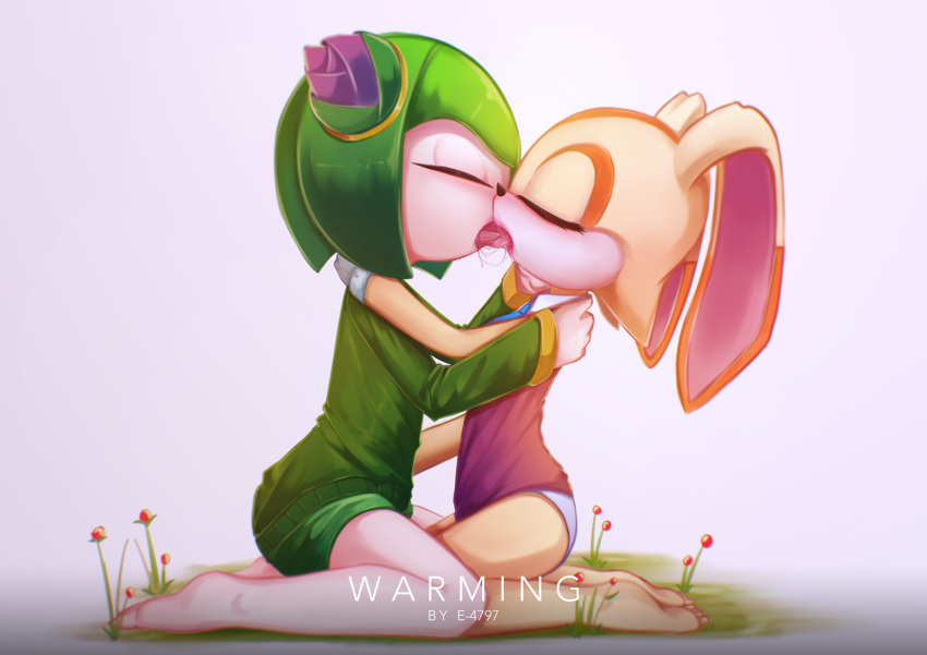 2018 alien anthro barefoot black_nose clothing cosmo_the_seedrian cream_the_rabbit duo english_text eyes_closed female female/female floppy_ears flora_fauna french_kissing hi_res hug humanoid kissing lagomorph mammal plant rabbit rezkapratam4x saliva sonic_(series) text toes tongue tongue_out video_games