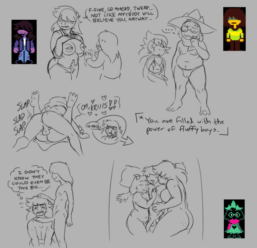 &lt;3 2018 3_toes 4_fingers after_sex anal anal_penetration anthro anus anvil_position aroused backsack balls big_breasts big_penis biped bisexual blood blush breasts bulge butt butt_freckles caprine clothed clothing clothing_lift collar deltarune dialogue digital_media_(artwork) drooling english_text erection eyewear female floppy_ears fur glasses goat grin group hair hair_over_eyes hand_on_head hat head_tuft horn human human_on_anthro humanoid_penis interspecies kabrro kris_(deltarune) legs_up lying male male/female male/male male_penetrating mammal monster mostly_nude navel nipple_piercing nipples non-mammal_breasts nosebleed nude onomatopoeia pants penetration penis piercing pillow ralsei robe saliva scalie scarf sex sharp_teeth shirt shirt_lift sketch sleeping slightly_chubby smile sound_effects speech_bubble spiked_collar spikes standing susie_(deltarune) sweat sweatdrop teeth text thick_thighs thong thought_bubble toes underwear wide_eyed witch_hat