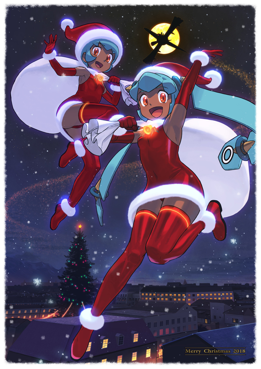 2girls :d aqua_hair arm_up armpits bare_shoulders bell border breasts christmas christmas_tree city commentary_request dark_skin elbow_gloves full_body full_moon gloves hat highres ishikawa_hideki knees_together_feet_apart leg_up long_hair merry_christmas moon multiple_girls open_mouth red_eyes red_gloves red_legwear rockman rockman_dash sack santa_costume santa_hat sera_(rockman_dash) short_hair small_breasts smile snow thighhighs twintails white_border yuna_(rockman_dash) zettai_ryouiki