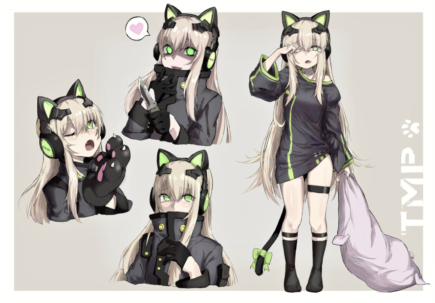 alma01 animal_ears bangs black_jacket blonde_hair bow breasts cat_ear_headphones cat_ears cat_paws cat_tail character_name commentary_request eyebrows_visible_through_hair fake_animal_ears girls_frontline gloves green_eyes hair_between_eyes headphones highres jacket knife long_hair looking_at_viewer medium_breasts multiple_views paws pillow ribbon sidelocks simple_background sleepy tail thigh_strap tmp_(girls_frontline) very_long_hair yandere yawning