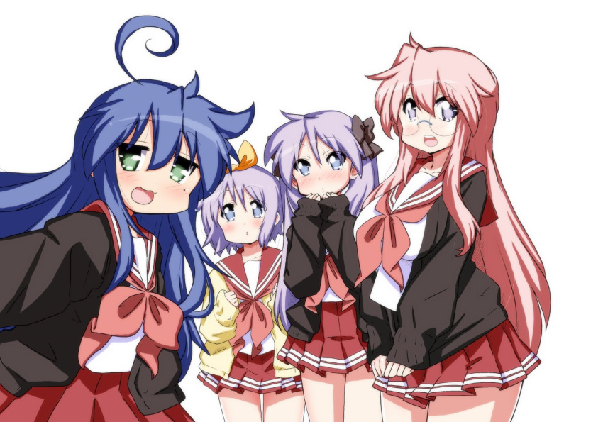 :3 :d ahoge bangs blue_eyes blue_hair blush breasts cardigan clenched_hands commentary_request dot_nose double_horizontal_stripe flat_chest glasses green_eyes hands_up hiiragi_kagami hiiragi_tsukasa huge_ahoge izumi_konata jitome large_breasts long_hair long_sleeves looking_at_viewer lucky_star miniskirt mizushima_(p201112) mole mole_under_eye multiple_girls neckerchief open_cardigan open_clothes open_mouth pink_hair pink_neckwear pleated_skirt puffy_long_sleeves puffy_sleeves purple_eyes purple_hair raised_eyebrows red_sailor_collar red_skirt rimless_eyewear round_eyewear ryouou_school_uniform sailor_collar school_uniform serafuku shirt short_hair siblings simple_background sisters sketch_eyebrows skirt sleeves_past_wrists smile standing takara_miyuki tareme tsurime twins twintails v_arms very_long_hair white_background white_shirt wide_sleeves yellow_cardigan