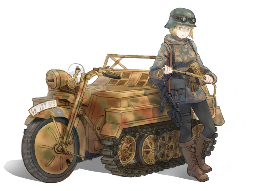 blonde_hair blue_eyes boots camouflage commentary english_commentary gloves gloves_removed goggles goggles_on_headwear gun helmet holding kettenkrad leggings military military_uniform morisawa-yumi mp40 noose original short_hair soldier solo ss_insignia stahlhelm submachine_gun uniform weapon white_background world_war_ii