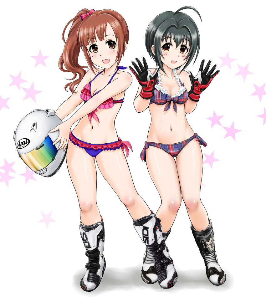 absurdres ahoge bangs bare_shoulders bikini black_hair blue_bikini blush boots bow breasts brown_eyes brown_hair cleavage commentary_request flick_(sal23) frilled_bikini frills gloves hair_bow hair_intakes headwear_removed helmet helmet_removed highres hips idolmaster idolmaster_cinderella_girls igarashi_kyouko kohinata_miho legs looking_at_viewer multiple_girls navel open_mouth pink_bikini plaid plaid_bikini red_gloves short_hair side_ponytail small_breasts smile star starry_background swimsuit thighs white_background white_footwear
