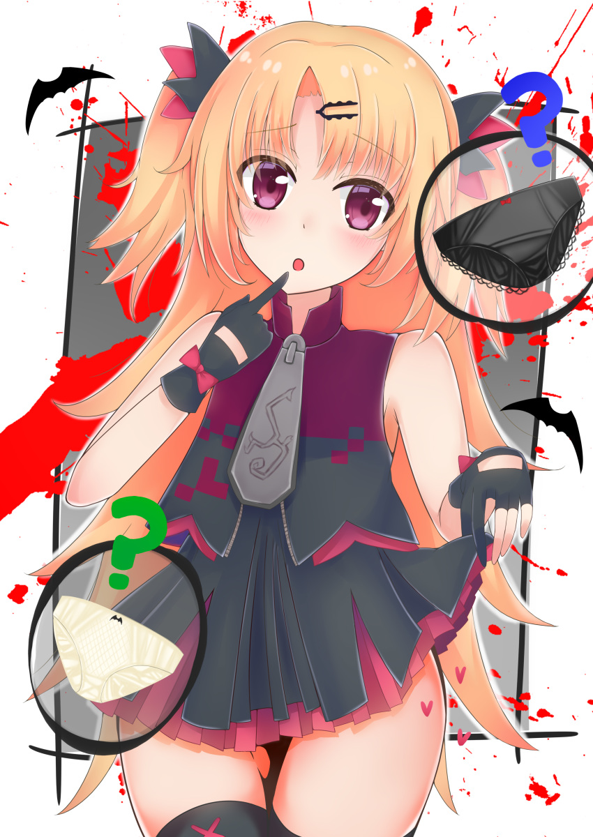 ? absurdres akatsuki_yuni ass_visible_through_thighs black_legwear black_panties blonde_hair bow bow_panties commentary_request finger_to_mouth gloves hair_ornament hairclip highres long_hair looking_at_viewer monkey_kusai open_mouth panties panties_removed red_eyes skirt skirt_lift sleeveless solo spoken_panties thighhighs underwear uni_channel virtual_youtuber white_panties
