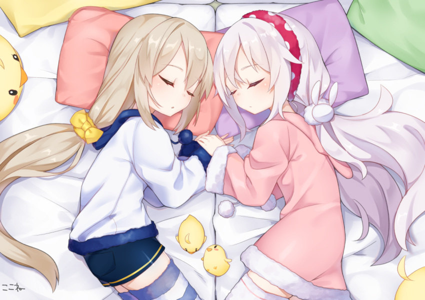 alternate_hairstyle animal ayanami_(azur_lane) azur_lane bangs bed_sheet bird blue_shorts blush bow bunny_hair_ornament chick closed_eyes closed_mouth commentary_request eyebrows_visible_through_hair fingernails fur-trimmed_jacket fur-trimmed_sleeves fur_trim hair_between_eyes hair_bow hair_down hair_ornament hands_together hood hood_down hooded_jacket jacket koko_ne_(user_fpm6842) laffey_(azur_lane) long_hair long_sleeves low_ponytail lying multiple_girls on_side parted_lips pillow pink_jacket shirt short_shorts shorts silver_hair sleeping sleeves_past_wrists striped striped_legwear thighhighs very_long_hair white_shirt yellow_bow