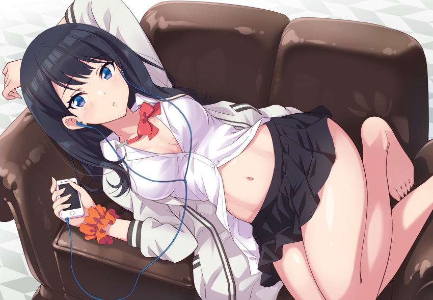arm_up bangs black_hair black_skirt blue_eyes blush bow breasts cardigan cellphone cleavage commentary_request couch dress_shirt earphones eyebrows_visible_through_hair feet highres hips legs long_hair long_sleeves looking_at_viewer lying midriff miniskirt navel on_side open_cardigan open_clothes open_mouth orange_scrunchie parted_lips phone pleated_skirt red_bow red_neckwear scrunchie shirt skirt small_breasts solo ssss.gridman sweater swept_bangs takarada_rikka thighs urabi_(tomatohouse) white_sweater wrist_scrunchie