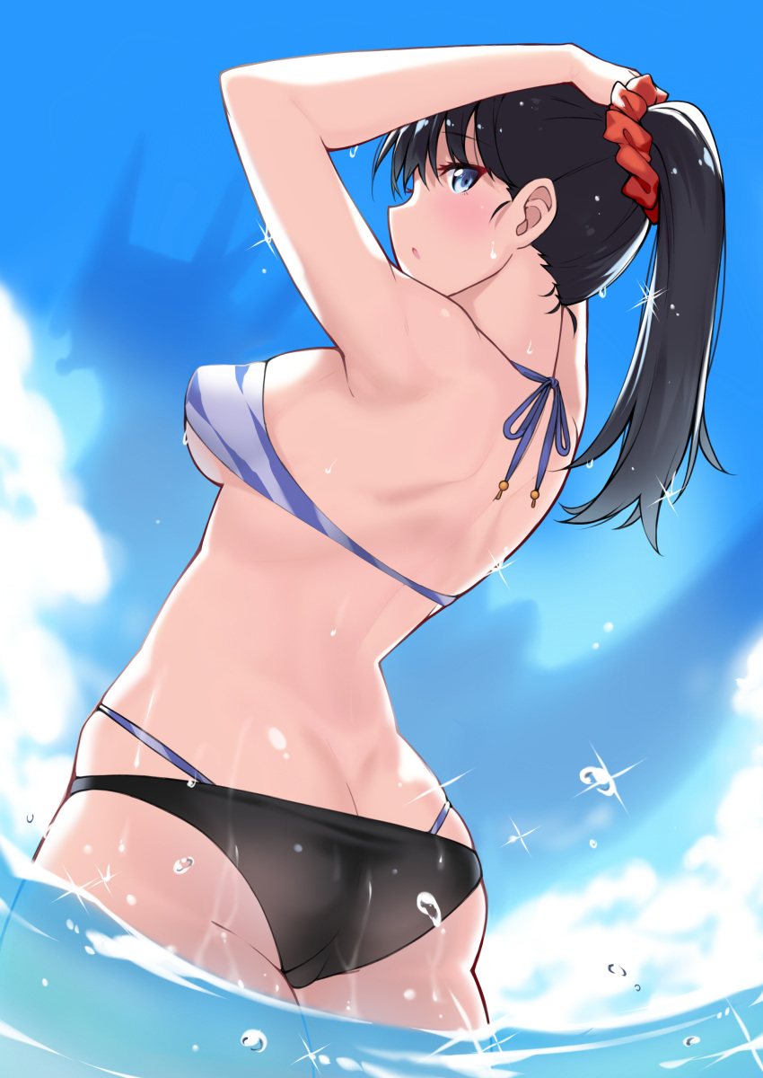:o absurdres adjusting_hair arms_up ass back bare_shoulders bikini blue_eyes blue_sky blush breasts cloud day dean from_behind hair_ornament hair_scrunchie highres looking_at_viewer medium_breasts ocean open_mouth partially_submerged ponytail scrunchie sideboob sky solo sparkle ssss.gridman swimsuit takarada_rikka tiger_stripes water wet