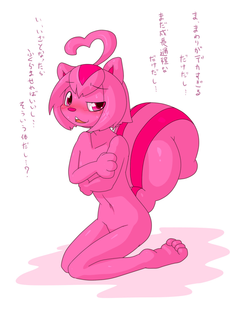 2014 blush dlrowdog female japanese_text looking_at_viewer mammal navel open_mouth pink_eyes rodent simple_background solo squirrel sweat text translation_request white_background