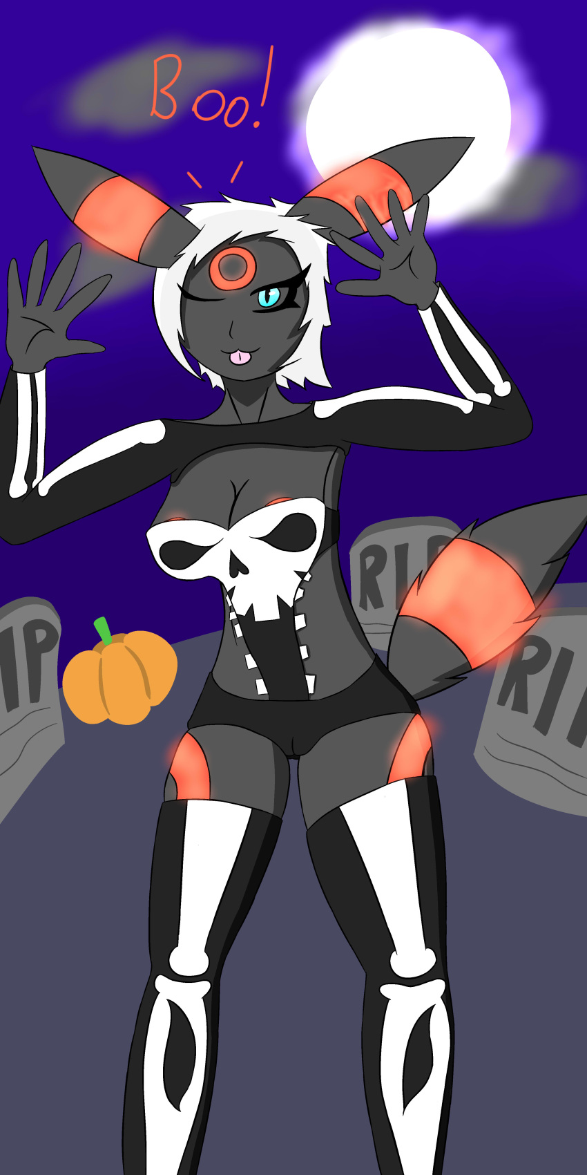 anthro bone costume eeveelution female halloween holidays miyu nintendo nipples pok&eacute;mon pok&eacute;mon_(species) skeleton solo umbradraws umbreon video_games