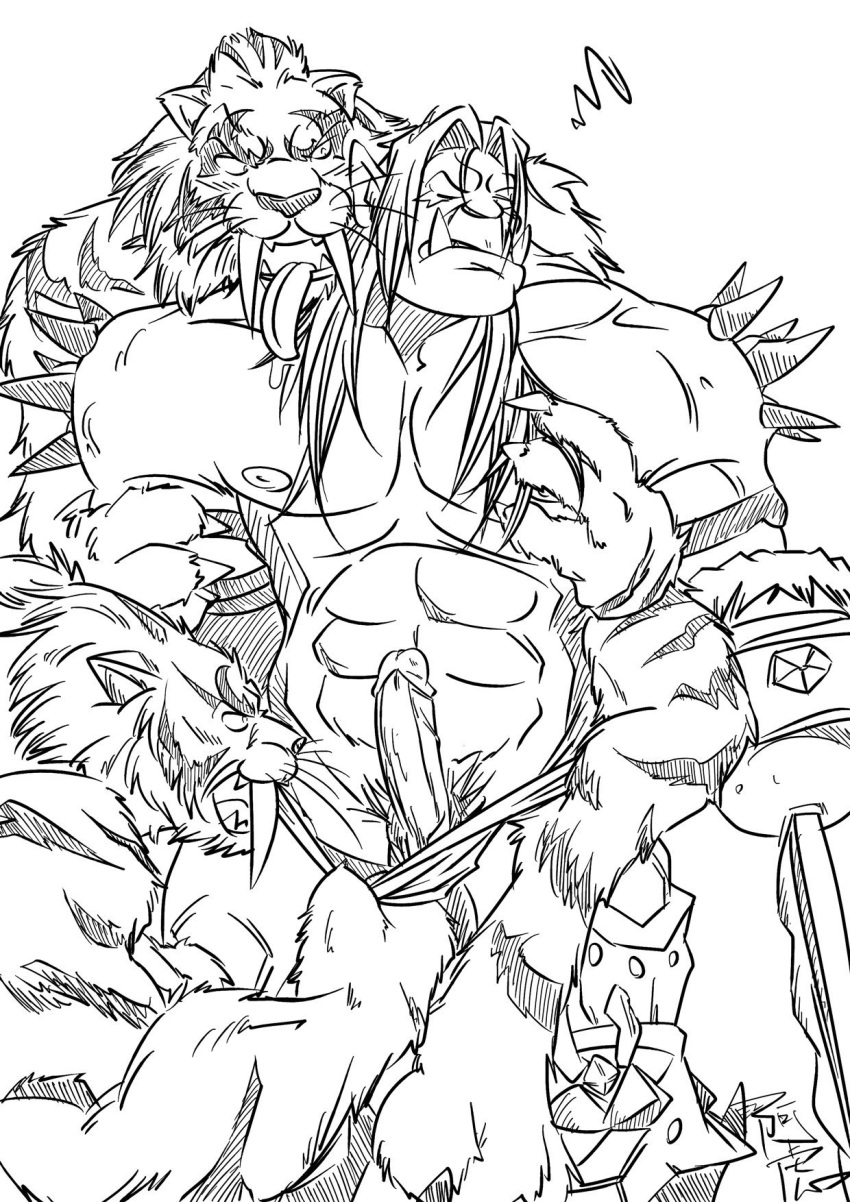 anthro blackhand blizzard_entertainment cat feline group humanoid male mammal nude orc patchcaacaa penis saber-toothed saberon simple_background video_games warcraft