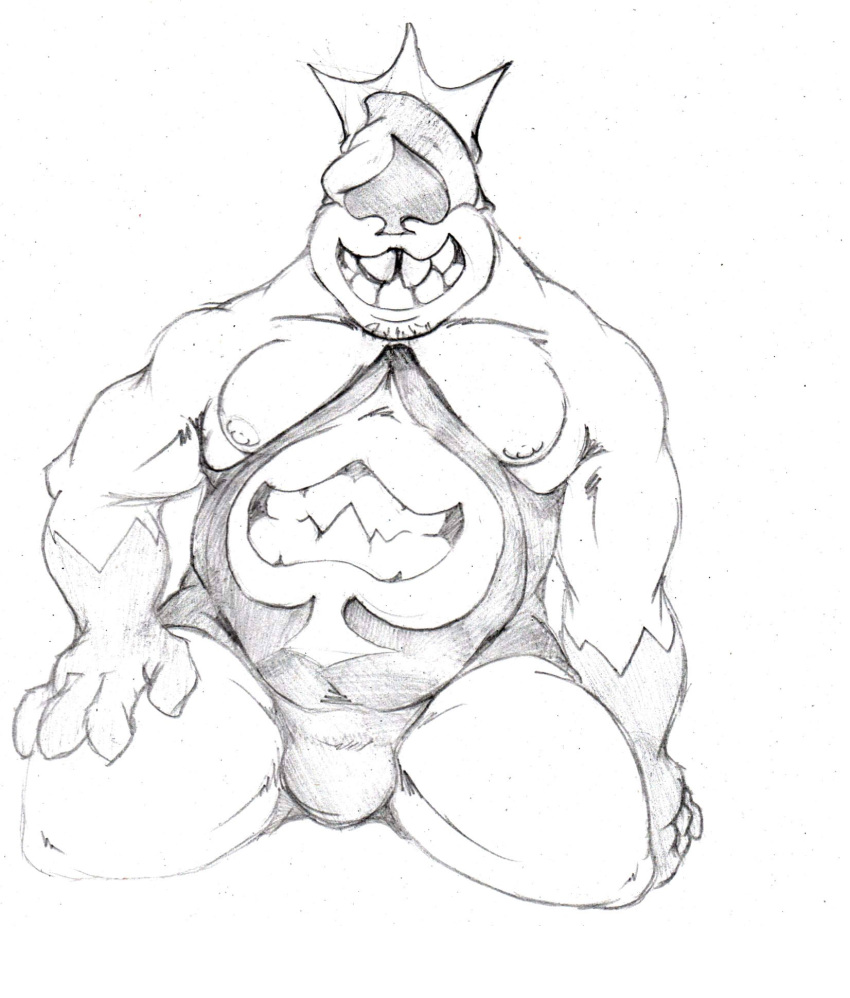 &spades; 2018 4_fingers belly biceps big_belly biped black_and_white bulge clothing collarbone crown deltarune eyeless facial_hair front_view fupa gloves_(marking) hand_on_leg hi_res hood hopelesshighschool humanoid humanoid_hands king king_spade kneeling leotard male markings monochrome musclegut muscular muscular_male muscular_thighs neck_muscles nipples not_furry overweight overweight_male pecs pencil_(artwork) pinup pose quads royalty smile solo spades stomach_mouth stubble suit_symbol teeth tight_clothing traditional_media_(artwork) video_games