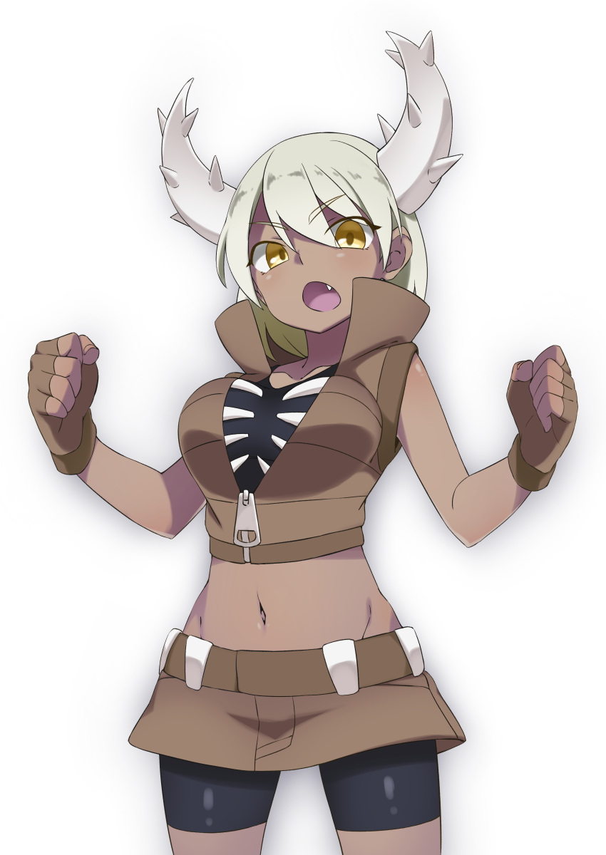 big_breasts breasts clothing dark_skin fingerless_gloves gijinka gloves horn midriff nintendo not_furry pinsir pok&eacute;mon pok&eacute;mon_(species) shorts skirt video_games yellow_eyes