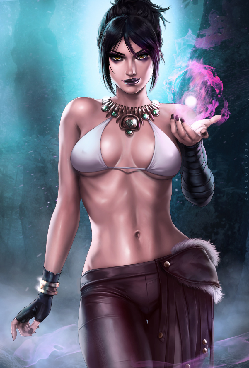 1girl artist_name asymmetrical_clothes bangle bare_shoulders bikini_top black_hair black_lipstick bracelet breasts breasts_apart cleavage closed_mouth cowboy_shot dandon_fuga dragon_age erect_nipples eyeshadow fingerless_gloves fur gloves groin hair_up hand_up highres jewelry legs legs_together lipstick looking_at_viewer magic makeup medium_breasts morrigan nail_polish navel necklace pants purple_lips purple_nails simple_background single_fingerless_glove smile solo standing thigh_gap thighs tied_hair tight tight_pants toned white_bikini_top yellow_eyes