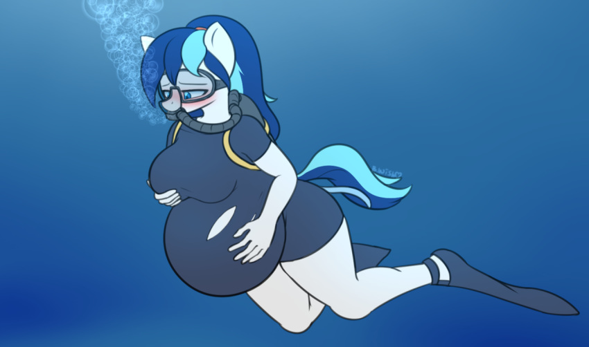 anthro askbumpywish blush clothing equine female giant_sperm mammal mask parasite pregnant solo swimming torn_clothing unbirthing vore water
