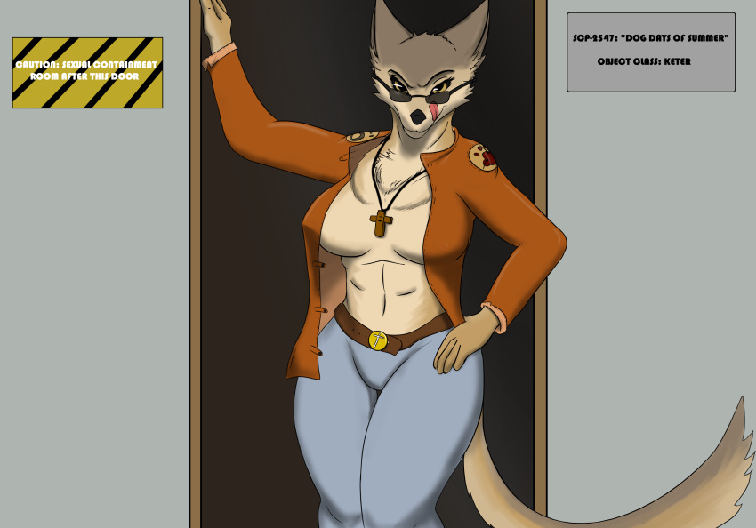 2018 anthro bedroom_eyes belt big_breasts breasts canine clothing coyote eyewear female half-closed_eyes jacket jewelry licking mammal necklace partially_naked religious_symbol scp-2547 scp_foundation seductive sunglasses tongue tongue_out unusualmatias