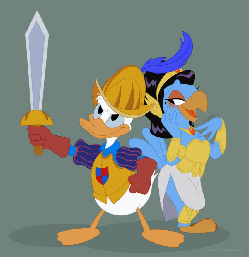 2018 4_fingers anthro armor avian bird blush disney donald_duck duck duo helmet legend_of_the_three_caballeros melee_weapon nivarra parrot smile sword the_three_caballeros weapon xandra