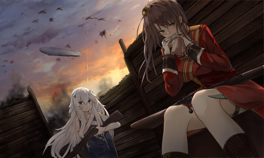 aircraft blimp blue_eyes bolt_action brown_hair commentary commentary_request dirigible girls_frontline green_eyes gun harmonica instrument lee-enfield lee-enfield_(girls_frontline) mag_(mag42) military military_uniform multiple_girls ribeyrolles_1918 ribeyrolles_1918_(girls_frontline) rifle silver_hair sunset trench uniform war weapon world_war_i
